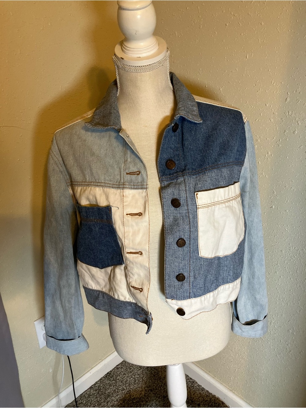 Me Jane Two-Tone Blue and White Patchwork Denim Jacket